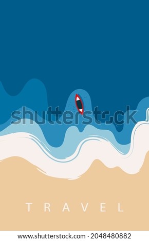 Aerial view of ocean waves reaching the coastline. Red Boat silhouette. Beach, sand, sea shore with blue waves. Top view overhead seaside. Hand drawn Vector illustration. Travel Poster template