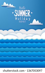 Aerial view paper art cut out blue sky background with clouds and Summer holiday hand lettering. Vector illustration for web or print banner.