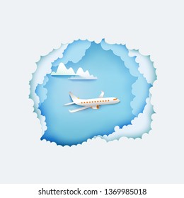 Aerial view paper art cut out and flight airplane. Beautiful background vector illustration. Ssky with clouds and aircraft.