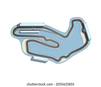 The aerial view of a race track is isolated on a white background. The racing circuit is including a pit lane, grandstands, boxes, and gravel safety zones. Vector illustration.