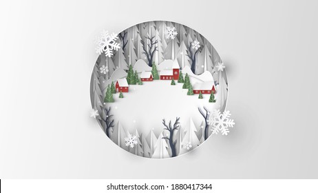 Aerial view of red village in the middle of snowy forest on Christmas. Merry Christmas. Christmas landscape. paper cut and craft style. vector, illustration.