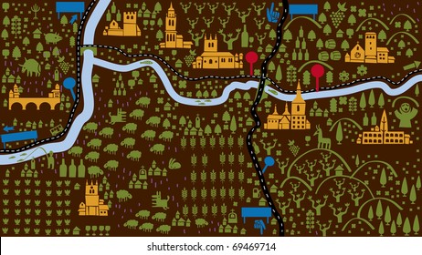aerial view of a region with peoples castles rivers and trees, cartoon style