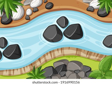 Aerial view of river close up with stone element illustration