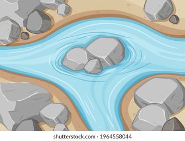 Aerial view of river close up with stone element illustration