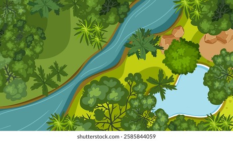 Aerial view of river, trees, and rocks