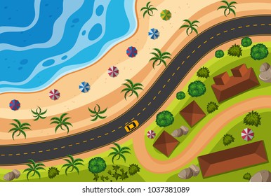 Aerial view of road along the beach illustration