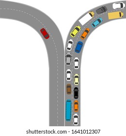Aerial view to a road with plenty of cars standing at traffic jam on a street