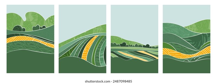 Aerial view of rural farmland: rice, wheat, corn field, tea plantations, grape vineyards. Green landscape, abstract patterns. Flat, geometric design, eco-friendly template. Summer village illustration