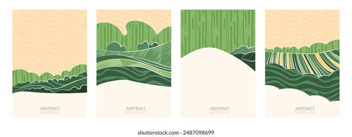 Aerial view of rural farmland: wheat, rice fields, tea, corn, grape vineyards. Geometric patterns, abstract shapes. Sustainable agriculture, green landscape. Flat vector illustration, nature backdrop