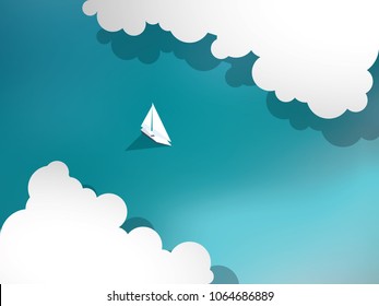 Aerial view of sailing boat between clouds. Summer vacation and holiday vector concept, traveling, recreation, tourism. Eps10 vector illustration.