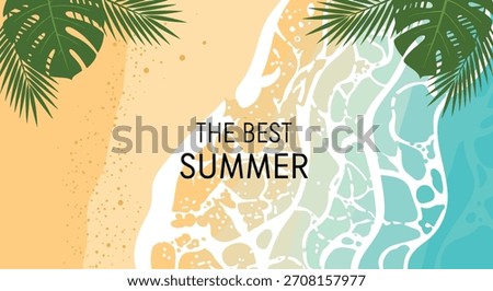 An aerial view of a sandy beach with turquoise sea foam and tropical palm leaves framing the text 'The Best Summer'.