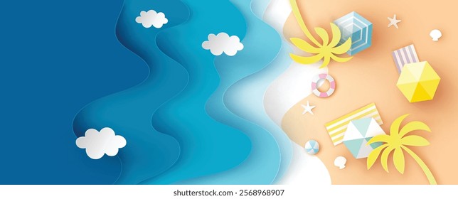 Aerial view of sea beach with beach equipment on sand beach. Aerial view of summer beach. paper cut and craft style. vector, illustration.