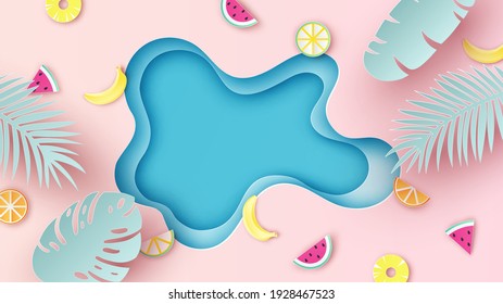 Aerial View Of Sea Beach In Summer With Tropical Leaves And Tropical Fruit On Sand Beach. Tropical Background. Paper Cut And Craft Style. Vector, Illustration.