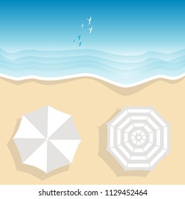 Aerial view of sea beach with two beach umbrellas, cartoon style
