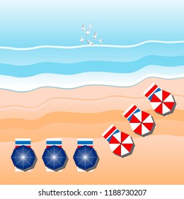 Aerial view of sea beach. Two rows beach umbrellas. Flying seagulls. Vacation theme. Vector flat style. Trendy symbol concept for catalogs, information, travel, shop, website, app, UI, social media