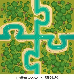 Aerial view of several islands in the form of connecting puzzles. Between the islands of the river on which the floating boats. Coherent whole or single entity concept. Vector illustration