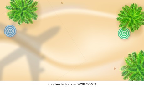 Aerial view to shadow of aeroplane. Plane flying over beach with palms and sun umbrellas. Vector background.