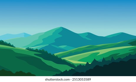 Aerial view showcasing lush green hills beneath a sky filled with fluffy white clouds, creating a serene landscape flat vector illustration.