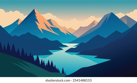 Vista Aéreas que muestra majestuosas montañas y aguas serenas, destacando la belleza natural de la Ilustración vectorial plana