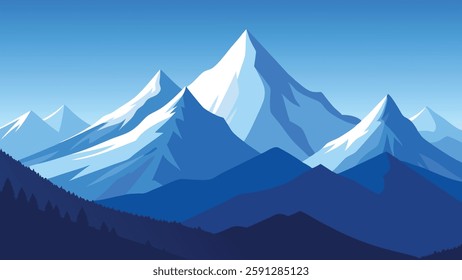 Aerial view showcasing majestic mountains, highlighting their peaks and valleys under a clear blue sky nature flat vector illustration.