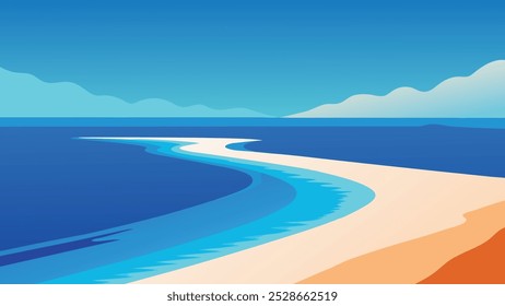 Vista Aéreas que muestra una playa prístina que se encuentra con el vibrante océano azul bajo una Ilustración vectorial plana de cielo despejado.