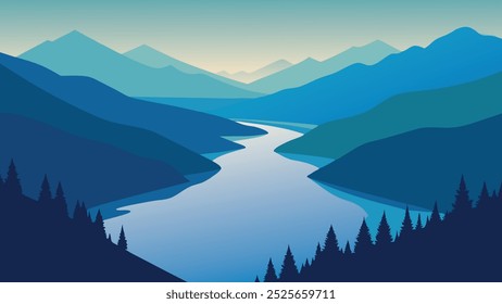 Aerial view showcasing a serene lake merging with a winding river, surrounded by lush greenery and natural landscapes flat vector illustration.