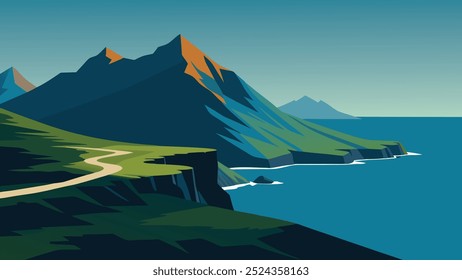 Vista Aéreas que muestra los impresionantes paisajes de las Islas Feroe, destacando su terreno escarpado y su Ilustración vectorial plana costera