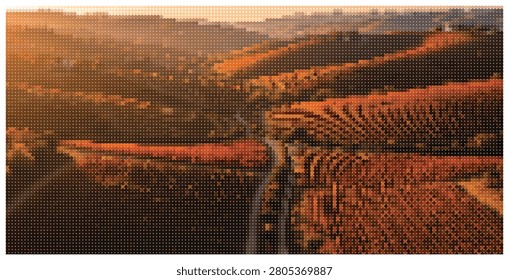 Aerial view showing scenic rolling hills at sunset with orange golden tones. Rural landscape design featuring a winding path and soft light effect.