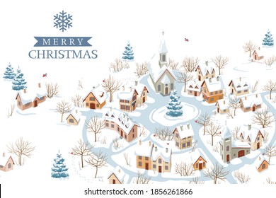 Aerial view of a small European  snow-covered town and winter rural landscape. Vector Christmas greeting card with lettering design template.