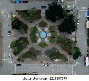 Aerial view of a small plaza de armas in the peruvian jungle