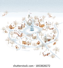 Aerial view of a small snow-covered  town  and winter rural landscape. Vector Image can be used as Christmas card, banners or posters, sales and other seasonal events.