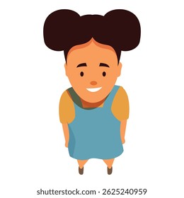 Vista aérea de uma menina sorridente com dois pãezinhos penteado olhando para cima, vestindo um vestido azul geral