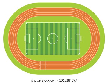 Aerial view of a soccer field drawn with white line on a green background with a running track around the soccer field. Vector image