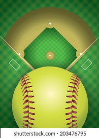 An aerial view of a softball field and ball. Vector EPS 10 contains transparencies.