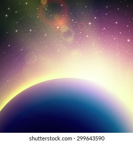 Aerial view from space to dark side of planet and sunrise. Cosmic vector wallpaper with beautiful starry sky and glowing horizon