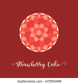 aerial view of strawberry cake with full topping of strawberries and calligraphic style of headline