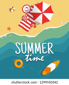 Aerial view of summer beach. Background tamplate with text summer time. Vacation on the tropical seaside. Holiday on sea sand. Concept for poster and other promotional material. Vector illustration.