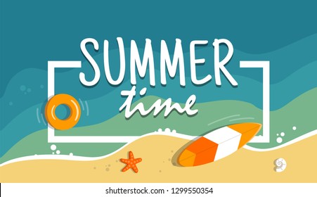 Aerial view of summer beach. Background tamplate with text summer time. Vacation on the tropical seaside. Holiday on sea sand. Concept for poster and other promotional material. Vector illustration.