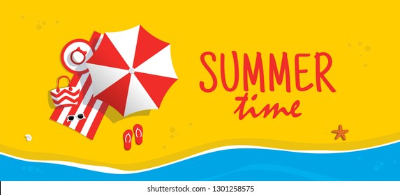 Aerial view of summer beach. Background tamplate with text summer time. Vacation on the tropical seaside. Holiday on sea sand. Concept for poster and other promotional material. Vector illustration.