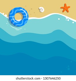 Aerial view of summer beach. Background tamplate with text summer time. Vacation on the tropical seaside. Holiday on sea sand.