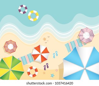Aerial view of summer beach in flat design style. starfish and summertime, relaxation summer tourism, vector