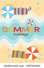 Aerial view of summer beach in flat design style. starfish and summertime, relaxation summer tourism, vector