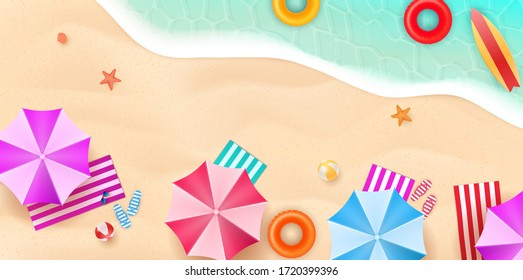 Aerial view of summer beach in flat design style. Slippers and towel, starfish and summertime, relaxation summer tourism, vector illustration