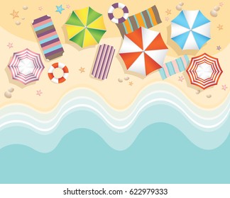 Aerial view of summer beach in flat design style. starfish and summertime, relaxation summer tourism, vector