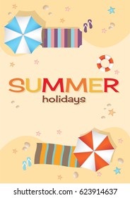 Aerial view of summer beach in flat design style. starfish and summertime, relaxation summer tourism, vector