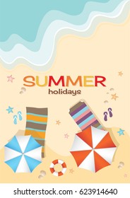 Aerial view of summer beach in flat design style. starfish and summertime, relaxation summer tourism, vector