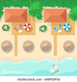 Aerial view of summer beach in flat design style. Bungalow resort for summer holidays.