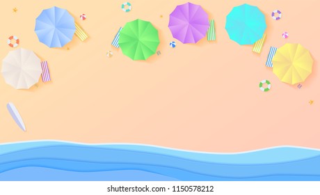 Aerial view of summer beach in paper craft style, flat lay. Top view on seashore with sun umbrellas, deck chairs, balls, swimming ring, surfboard, sandals, starfish. Beach from paper cut out layers.