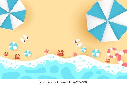Aerial view of summer beach in paper cut and craft style. vector.
