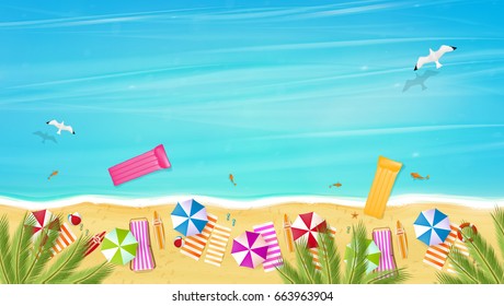 Aerial view of summer beach in photorealistic vector style.